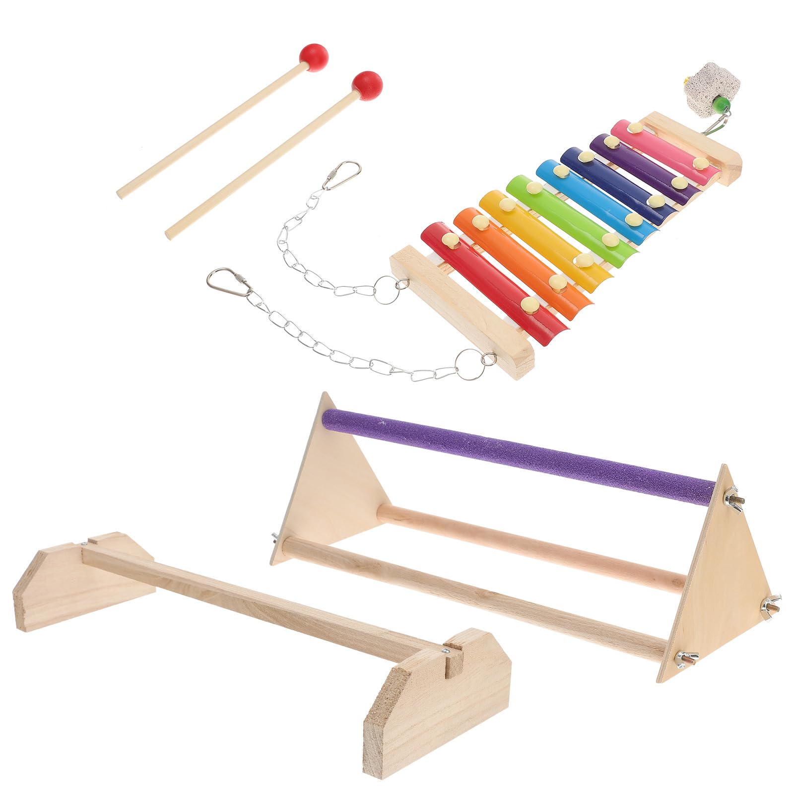 Tofficu Columpio de Madera Mate para Pájaros 3 Piezas Xilófono, Barra para Descansar y Escalera, Accesorio para Periquitos, Loros y Gallinas, Soporte para Jaula de Aves Pequeñas