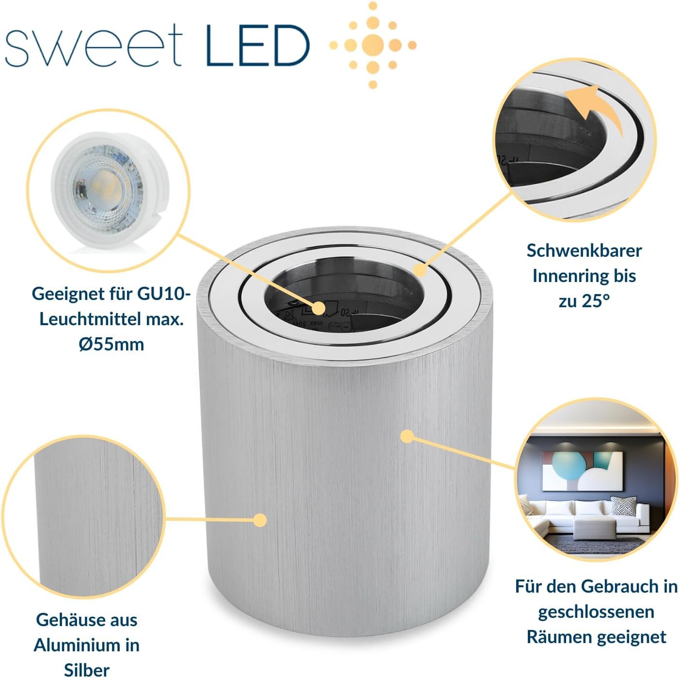 4 Faretti Da Incasso LED Sweet - IP44 Per Bagno - Portalampada GU10 - Diametro 84mm, Colore Argento - Foto 5