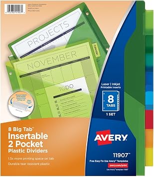 Avery Dividers for 3 Ring Binders, 8-Tab Two-Pocket Plastic Binder Dividers, Multicolor 24 Sets of 11907