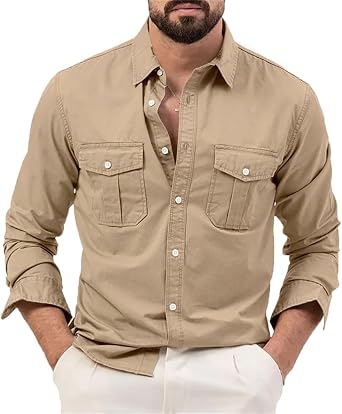 REHJJDFD Mens Chest Two Pockets Long Sleeve Shirt Loose Casual Chemise Pocket Button Down Shirt