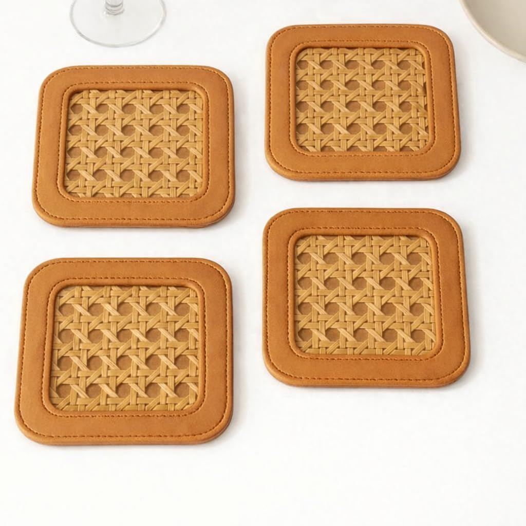 Rattan Cane Coasters with White Faux Leather Border, Square Shape, Natural Woven Design, Set of 4 (Tan)-image-41