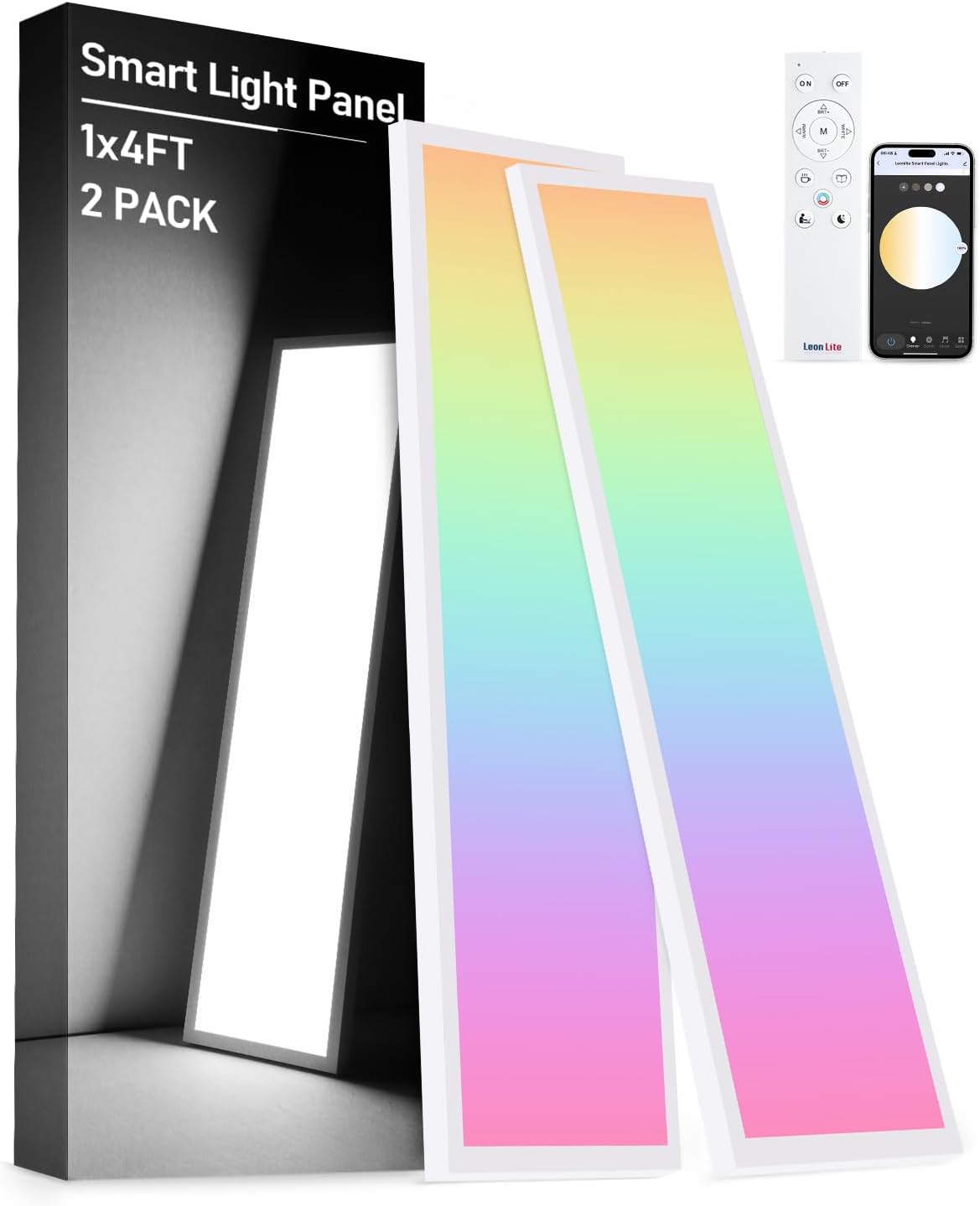 LEONLITE 1×4 FT Smart LED Ceiling Light, RGBCW Surface Mount Flat Panel Light, 120V 4000LM 2700K-5000K 16 Million Multicolor Ceiling Mount Panel Fixture, Works with Alexa, Aluminum Housing, Pack of 2