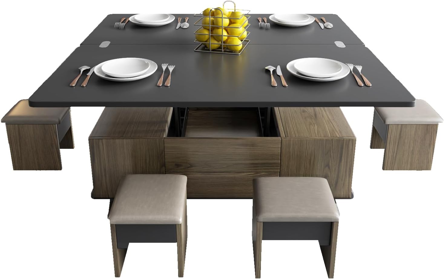 GraceNook Lift Top Coffee Table with 4 Pu Stools, Classic