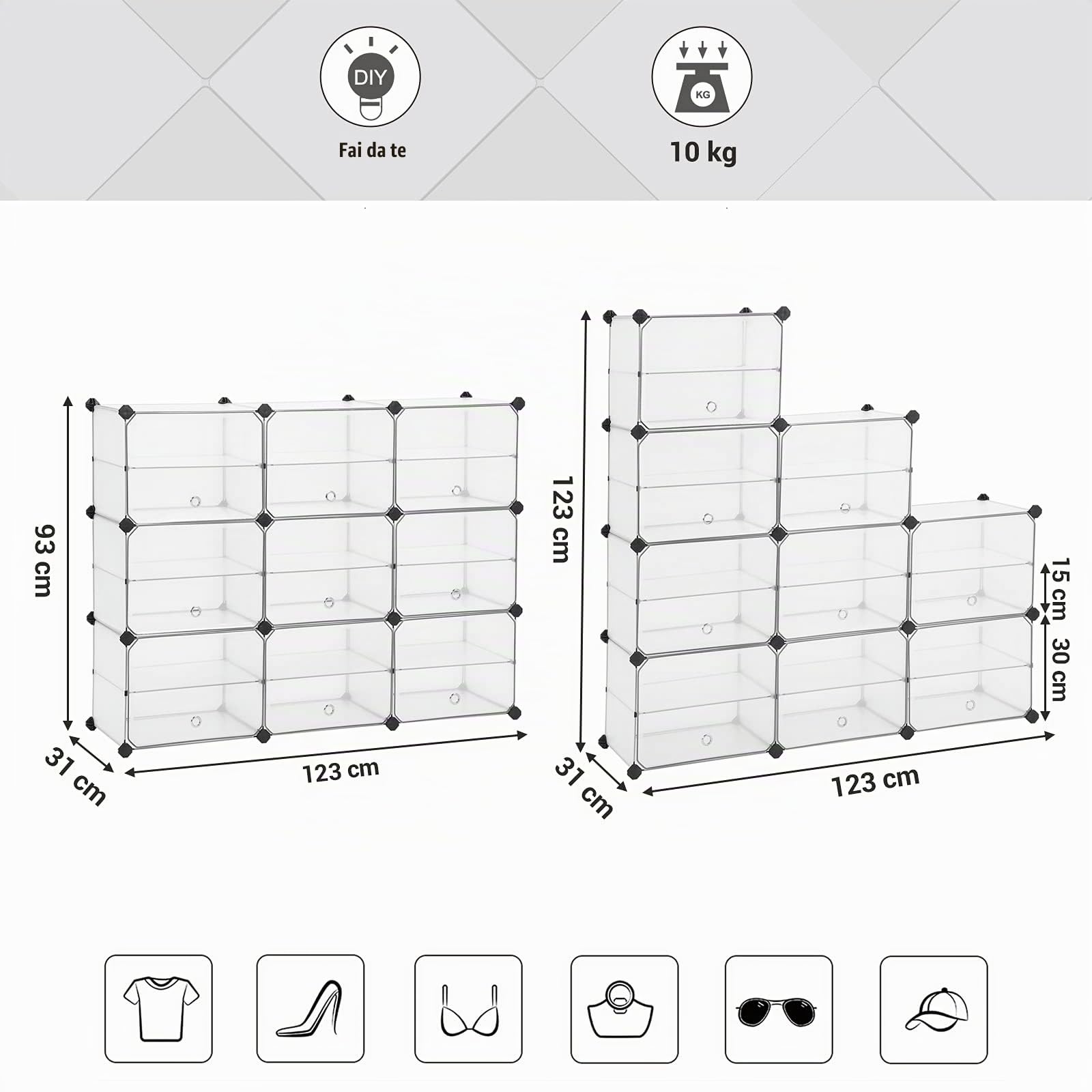 SONGMICS Portaoggetti a Cubi con Ante, Scarpiera in Plastica, Organizzatore a Scompartimenti, Tappetini di Gomma Inclusi, Armadio per Guardaroba, Soggiorno, Camera da Letto, Bianco LPC502W