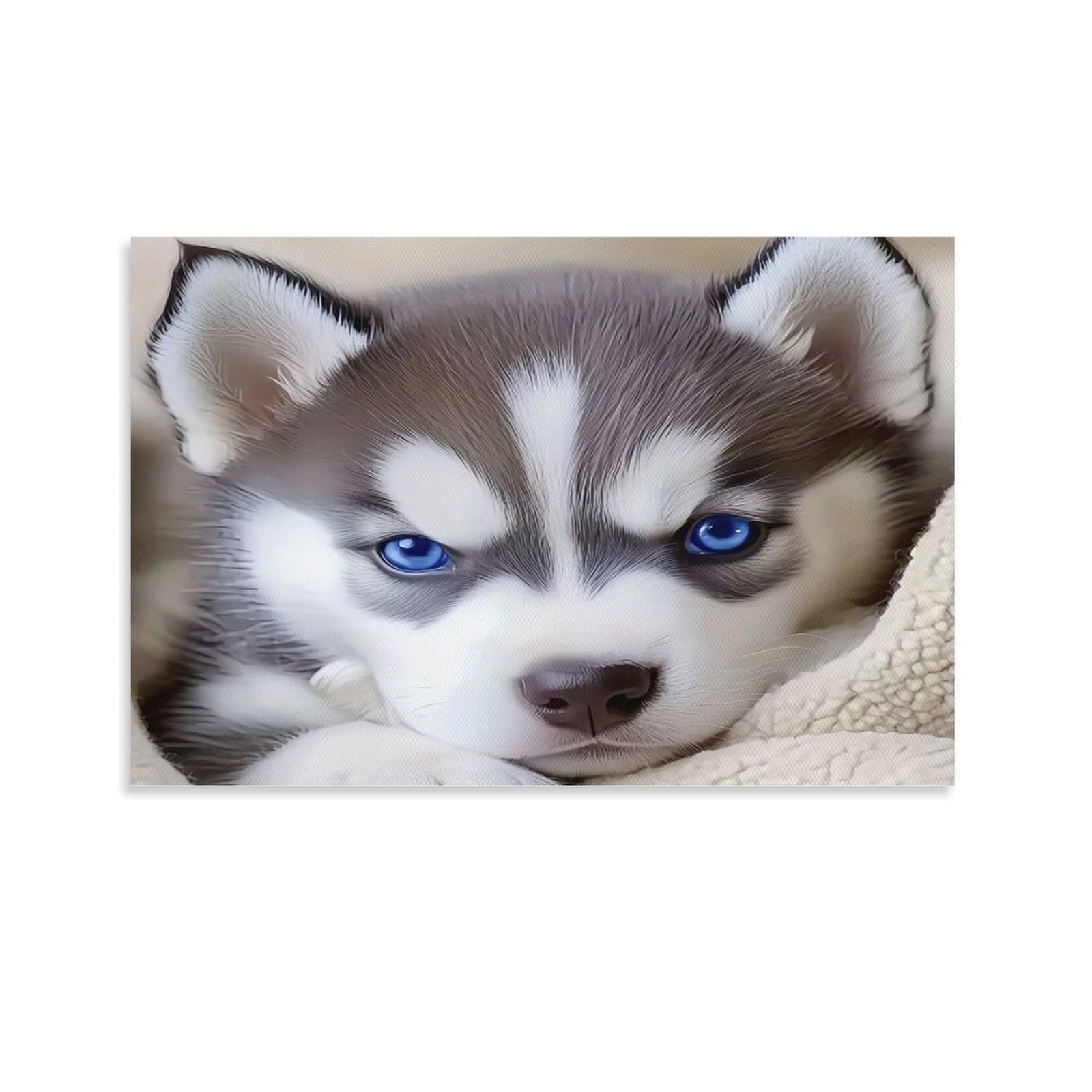 CPLVKWRQJ Cute Husky Puppy Individual Husky Puppy Bright Blue Eyes Framed Canvas Art - Living Room Focal Point Fade Resistant Gallery Wall Decor 16x24inch(40x60cm)