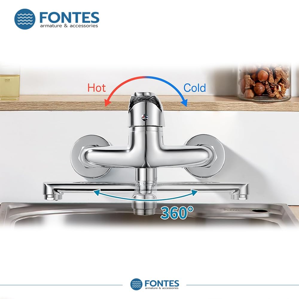 FONTES Wandwasserhahn Chrom, Spültischarmatur 360°, Wandarmatur für Küche/Ausgussbecken, Mischbatterie für Wandmontage, Drehbare Wasserhahn Küche, Kalt und Heiß Einhebelmischer, Schwenkarm 20cm