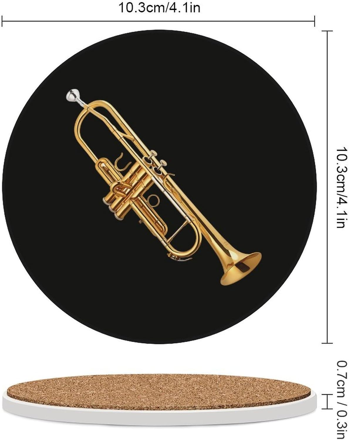 Gold Trombone Round Ceramic Coasters Print Drinks Absorbent with Cork Base for Home Decor Gifts 4 Inch