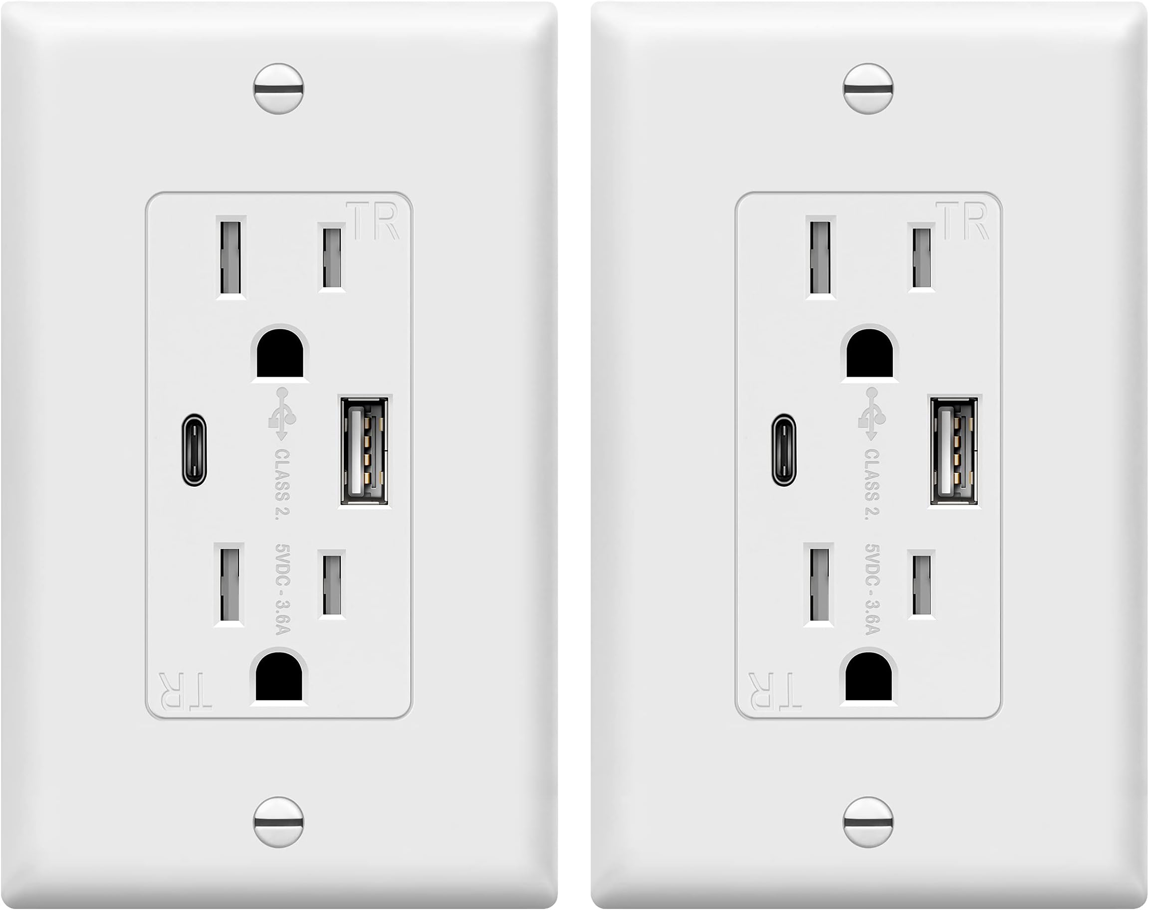 TOPGREENER USB Outlet, Type C USB Wall Outlet, 15 Amp Tamper Resistant Receptacle Plug, Charging Power Outlet with USB Ports, Wall Plate Included, UL Listed, TU21536AC-W-2PCS, White, 2 Pack