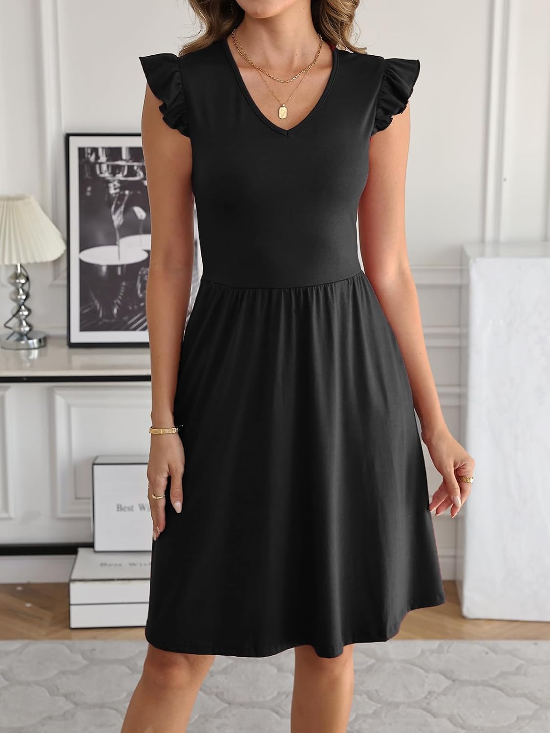 HELYO Women's Summer Dresses Cute V Neck Ruffle Sleeve Cocktail Short Work Casual Dress with Pockets 648 - Image 3