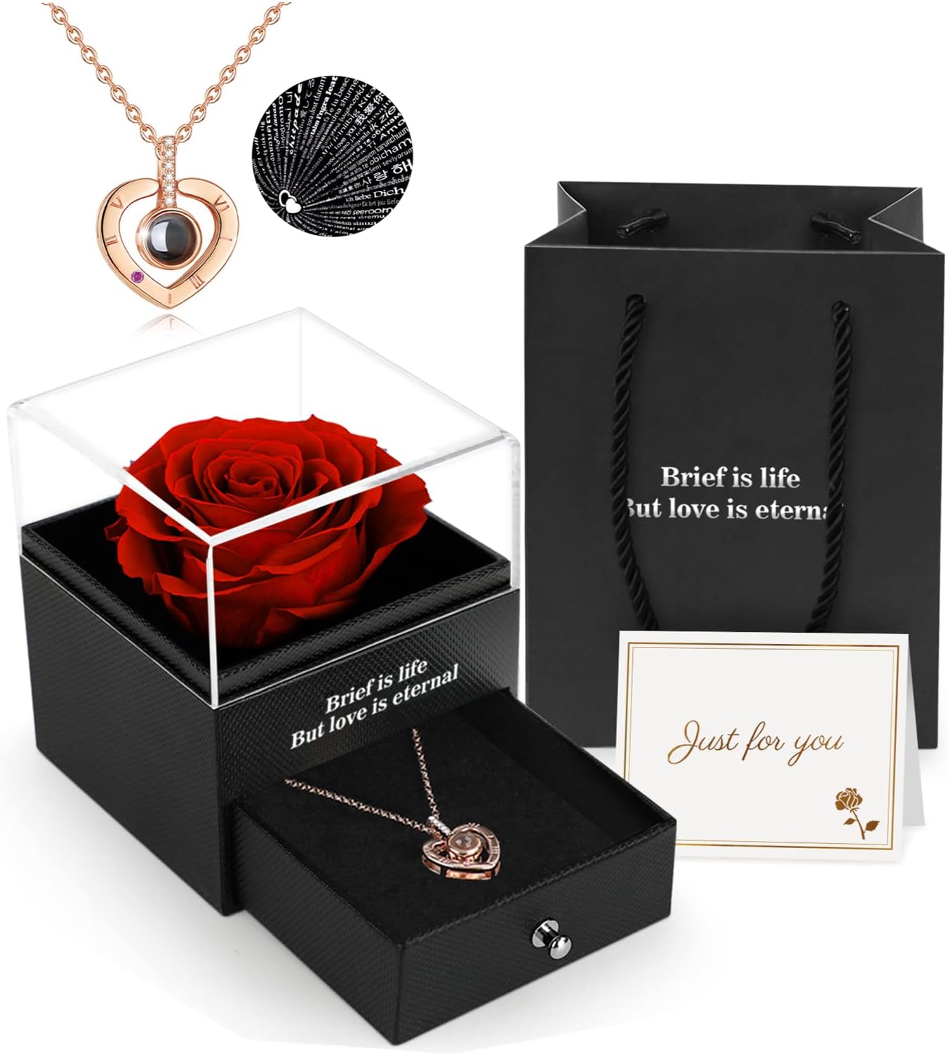 ADAZ Preserved Real Rose Gift Box with I Love You Necklace, Handmade Eternal Rose Flower Valentines Gifts for Her Girlfriend Women Wife Mum Mother on Valentines Day, Birthday, Anniversary, Christmas