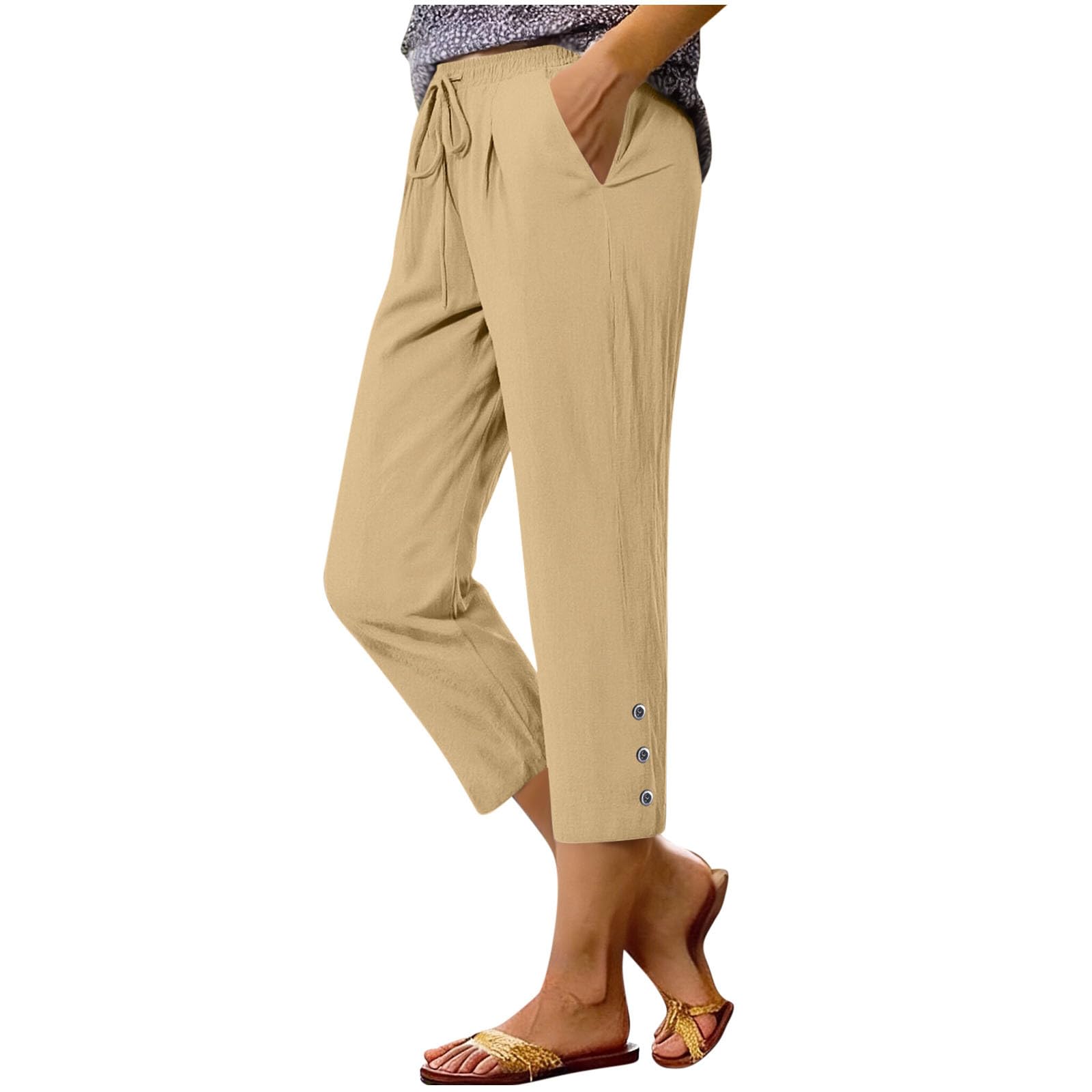 Summer Cotton Linen Capri Pants for Women High Waist Drawstring Straight Leg Capris Casual Beach Cropped Lounge Pant
