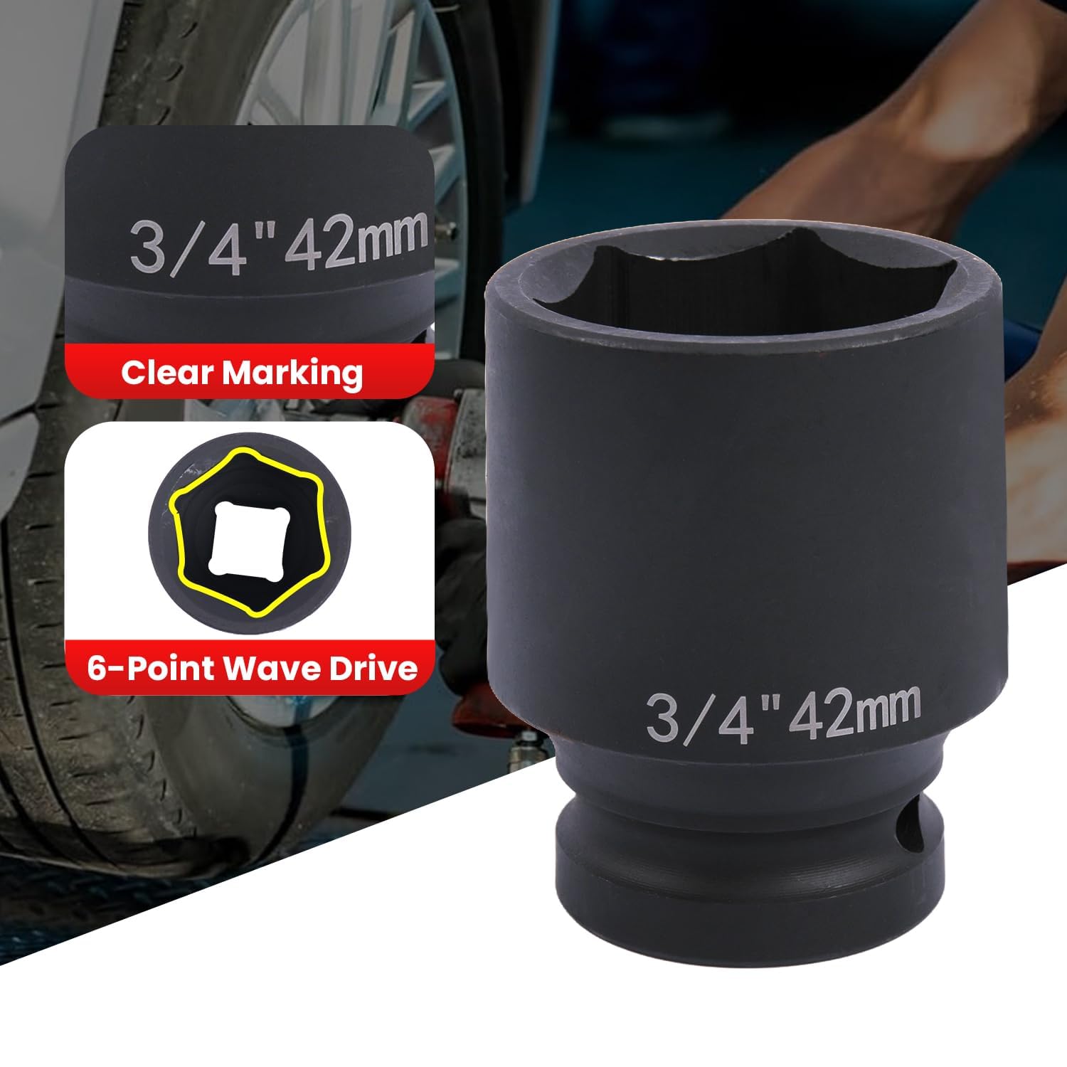 Deep 6-Point Impact Socket 3/4" Drive 42mm,Chrome Molybdenum Steel, Anti-Rust Metric Hex Socket for Car Repairs and Impact Wrench - Image 3