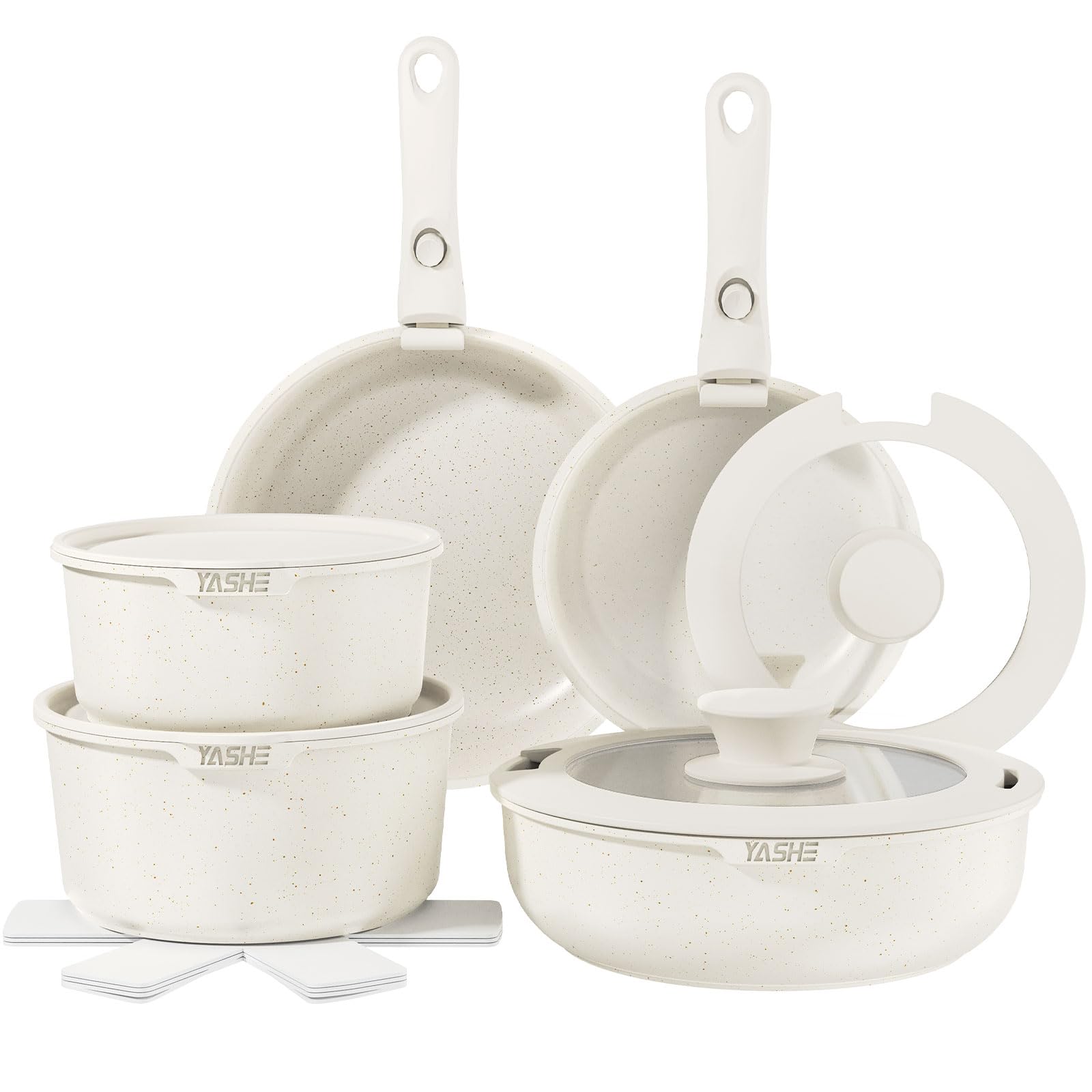 YASHE 15-Piece Non-Stick Pots and Pans Set, Granite Cookware with Removable Handles, Stackable, Easy to Clean, Induction & Gas Hob Compatible