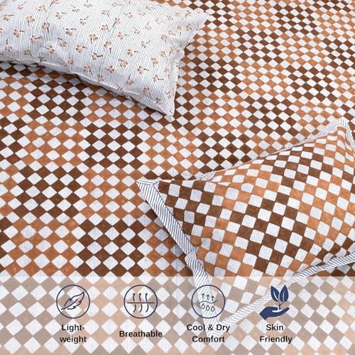 Image of TOAI Hand Block Printed Bedsheet | Bed Spread Flatsheet Bed Sheet | Pure Cotton | Queen Size 90 inchx108 inch | 300 TC Long Staple Cotton | 2 Reversible Pillow Covers |Checks Lines Brown