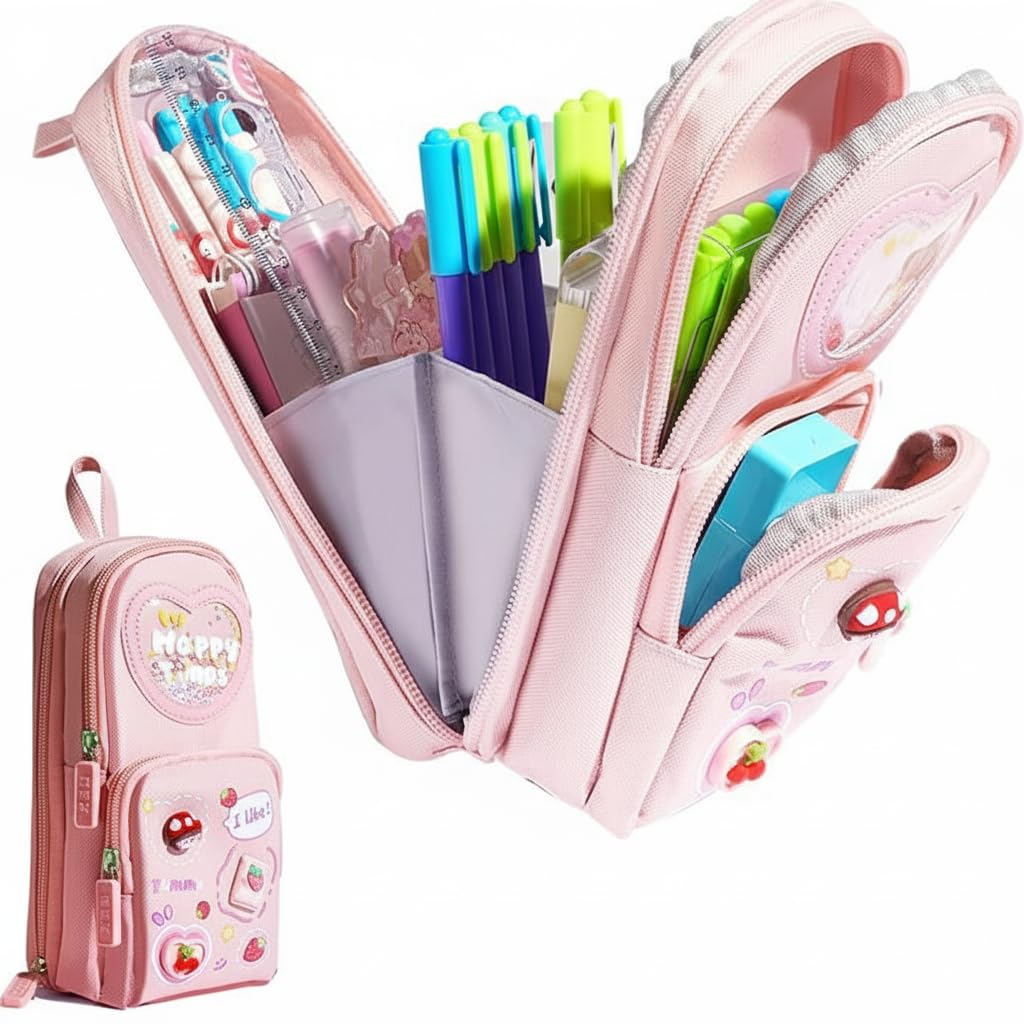 - Umadiya Canvas Premium Pencil Case 6 Layer With 3 Compartment Cute Aesthetic Pencil Case Girls Large Capacity Pen Pencil Pouch Multifunctional Pouch School Kids, Cute Stationary Gift Children, pink