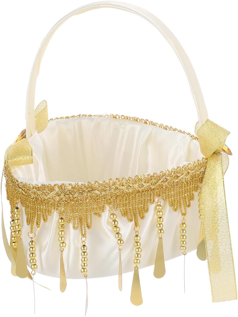Cabilock Rustic Flower Girl Baskets for Wedding Lace Flower Basket Heart Design Gold Bowknot for Wedding Party Supplies
