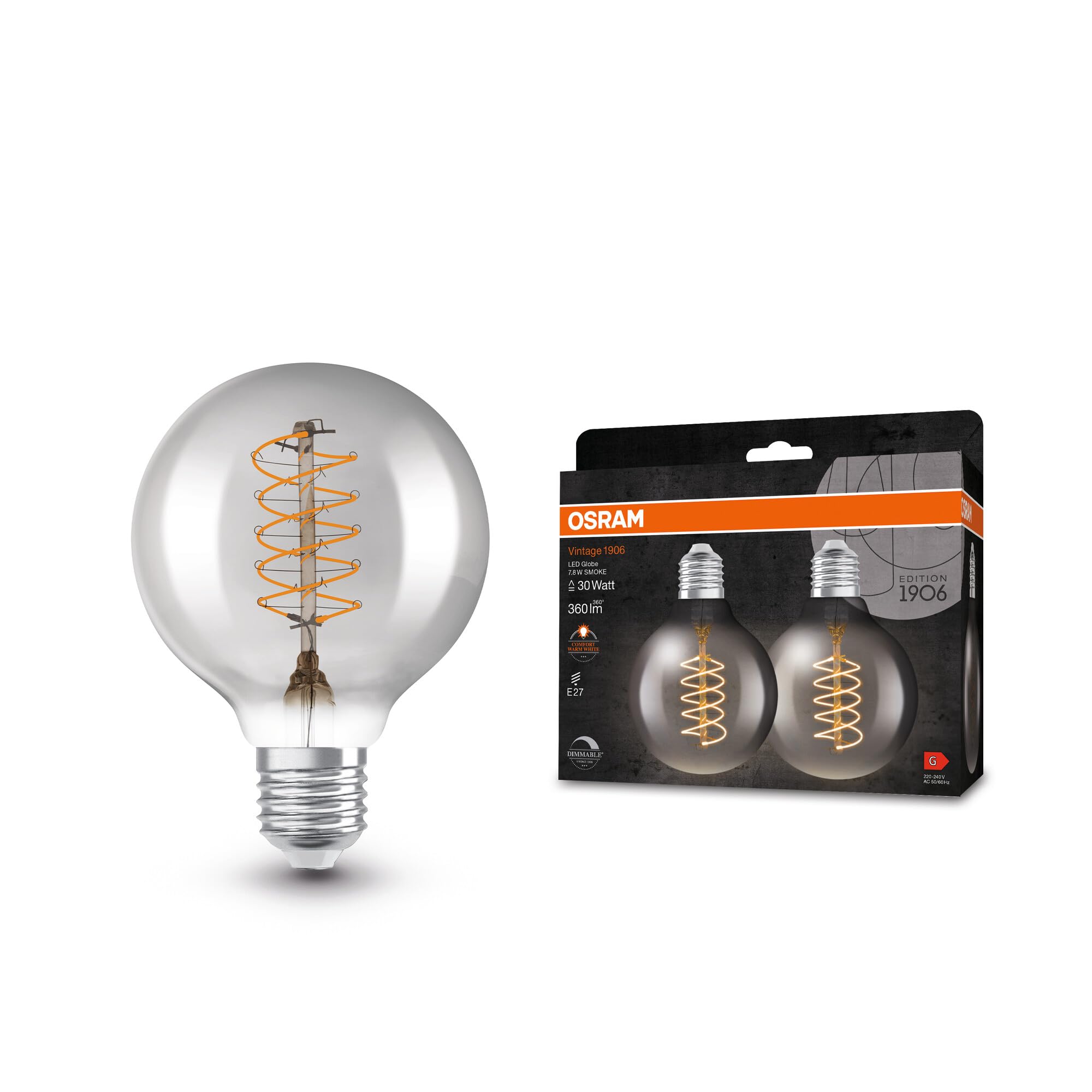 Osram Vintage 1906 Globe LED-Lampe, 7,8W, 360lm, warmweiße Lichtfarbe, dimmbar, CRI 80, E27-Sockel, sofort 100% Licht, keine Aufwärmzeit, ideal für dekorative Installationen, energiesparend