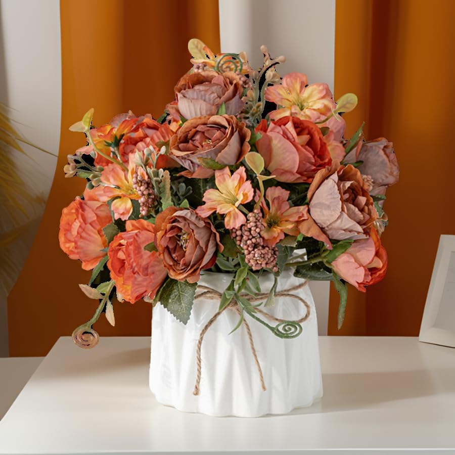 Hbluefat Faux Flowers with Vase,Artificial Silk Flowers in Ceramic Vase,Small Fake Flower Arrangement for Home Office Kitchen Bathroom Coffee Dining Table Centerpiece Decor (Orange,Pomegranate) - Image 4