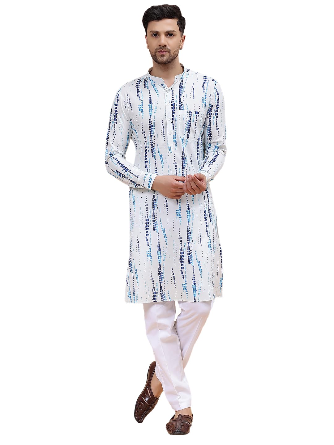 See Designs White Cotton Regular Fit Mandarin Collar Printed Kurta Set Long Sleeves_Sdkt122101L