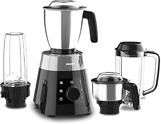 PHILIPS HL7777/00 Mixer Grinder, 750W, 4 Jars, Smart One-Touch Mode, 50%* Reduction in sound power, Digital Interface, Intelli-speed Technology for Pre-Set cooking, Soft Sound Technology, Metallic Silver and Bold Black, Large