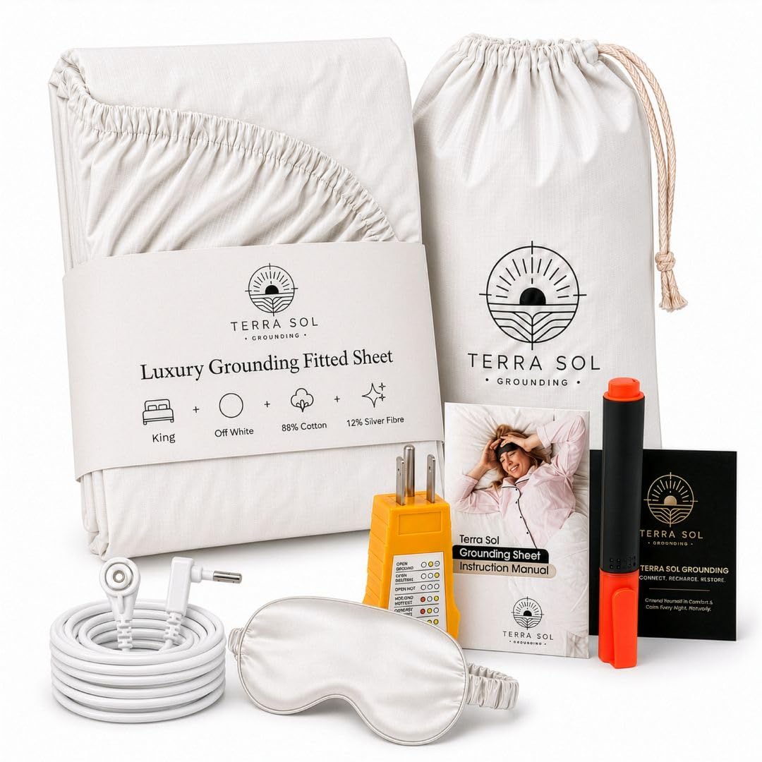 Photo 1 of Terra Sol Bare Earth Grounding Sheets King Size - 88% Organic Cotton + 12% Silver Fiber Earthing Sheets - Complete Sleep Bundle with 15ft Cord, Safety Testers & Silk Sleep Mask (White)