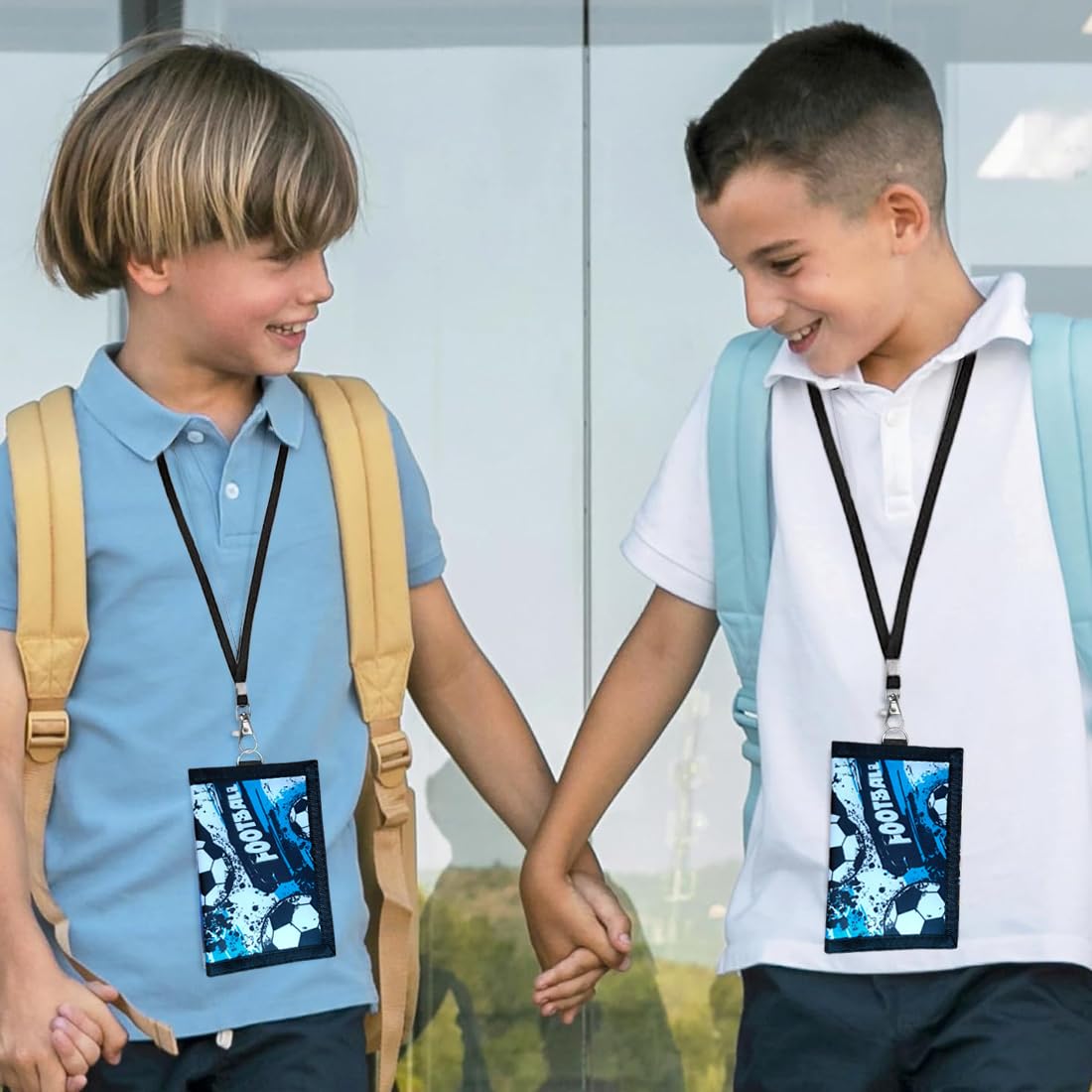 Portefeuille Enfant Garçon, Porte Monnaie Garçon Pliable avec Mousqueton, Lanière de Cou et Porte-clés, Dreifach Plié, Design Football (Bleu)