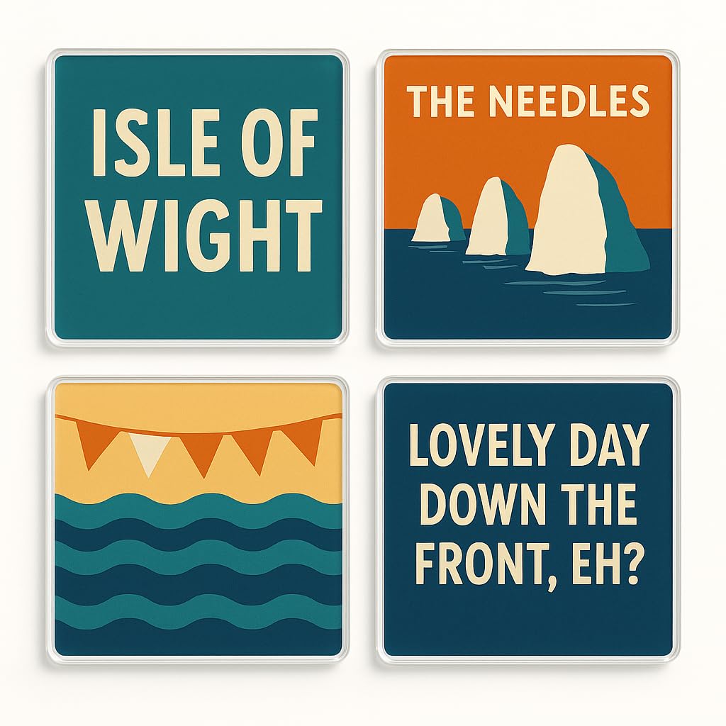The Plum Penguin Isle Of Wight Acrylic Coaster Set Of 4 - Wightly Whimsy Design - Nostalgic Home Decor For Travel Lovers