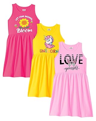 Kuchipoo Girls Regular Fit Cotton Frocks (KUC-DRS-109, 11-12 Years, Multi-Colored) - Pack of 3