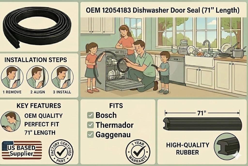 Upgraded 12054183 replaces 00494772 Genuine OEM Dishwasher Door Seal (71" Length) fits for Bosch, Thermador, Gaggenau – Replaces US-Based Supplier