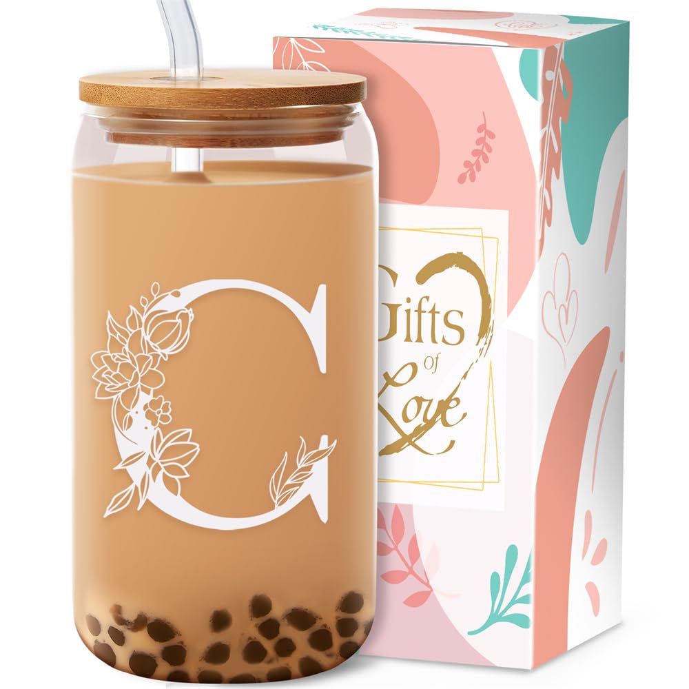Glass Cup Birthday gifts for Women Personalized Monogram Gift for Women - 16 oz Clear Bamboo Glass Cups with Lid Straws Gifts for Mothers Day for Friends Teacher Nurse Mom Sister Aunt Letter C