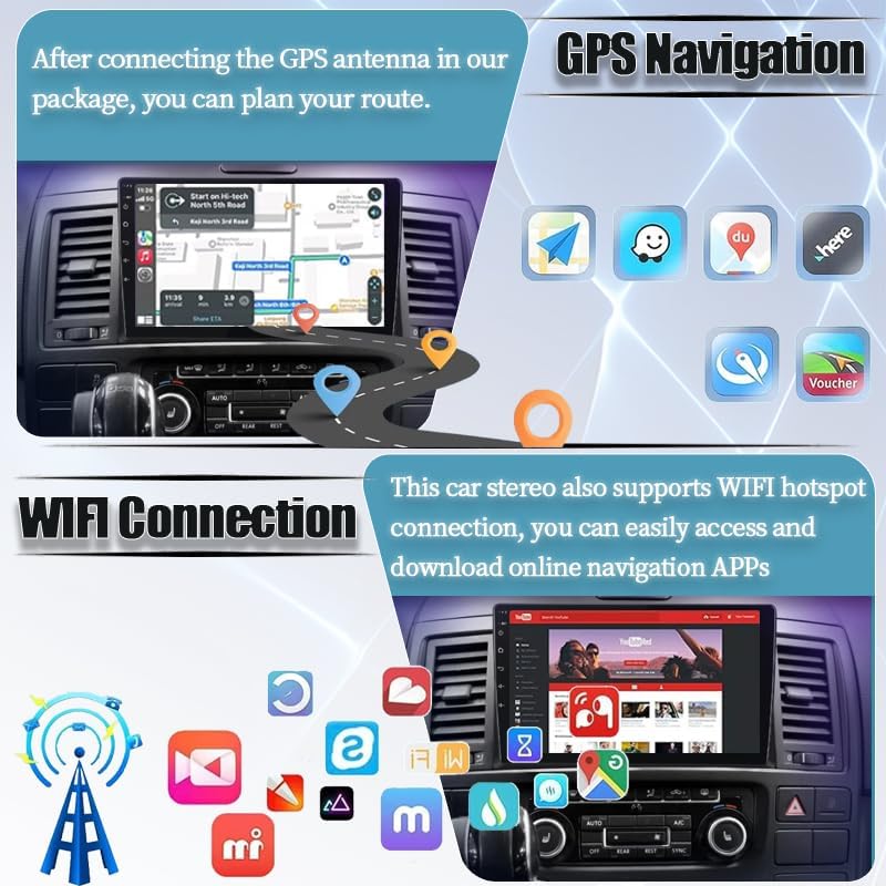 Screenshots demonstrating GPS navigation and WiFi connection features