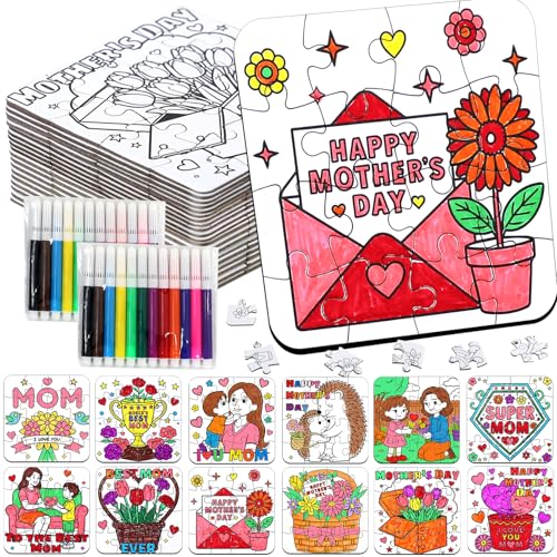 24 Set Mothers Day Crafts for Kids & Adults Classroom Bulk Mothers Day Activities DIY Jigsaw Puzzle with Flower Bouquet Heart Spring April Arts for School Gifts Coloring Games & Paper Toy Bulk