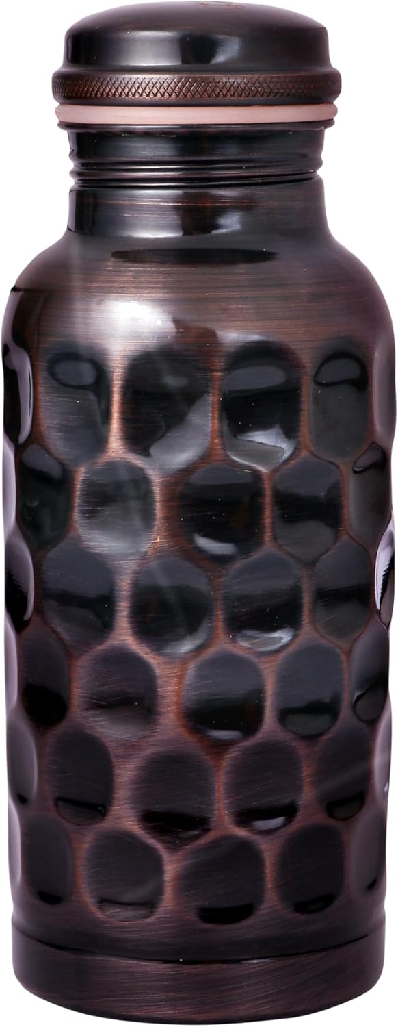 Pure Copper Antique Diamond Hammered Water Bottle 17 Oz with Lid Leak Proof Ayurveda Recommendation ,Copper Vessel Drink More Water Bottle Small Vintage Look