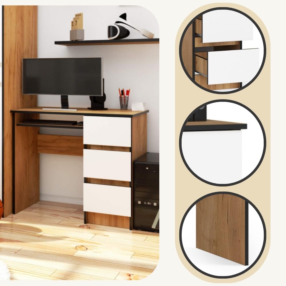 AKORD - Escritorio de ordenador A-6 con tablet teclado | 90 x 77 x 50 cm 30 kg | 3 cajones | Escritorio pequeño PC Mesa | Roble Artisanal/Blanco