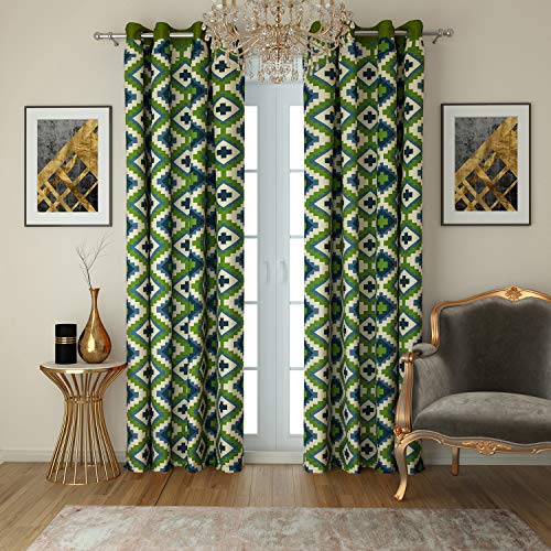 Image of Swayam Blackout Cotton Casement Door Curtain for Living Room & Bedroom | 7.5 Feet | Room Darkening Curtain with Eyelets | Pack of 2 | Geometric Design - Green