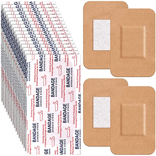 Marsui 100 Pcs Large Adhesive Bandages 2 x 3 Inch Wound Care Supplies Fabric Adhesive Strip Patch Waterproof Fabric Flexible Bandage Wrap Gauze Pads for Skin Care and Protect Wounds