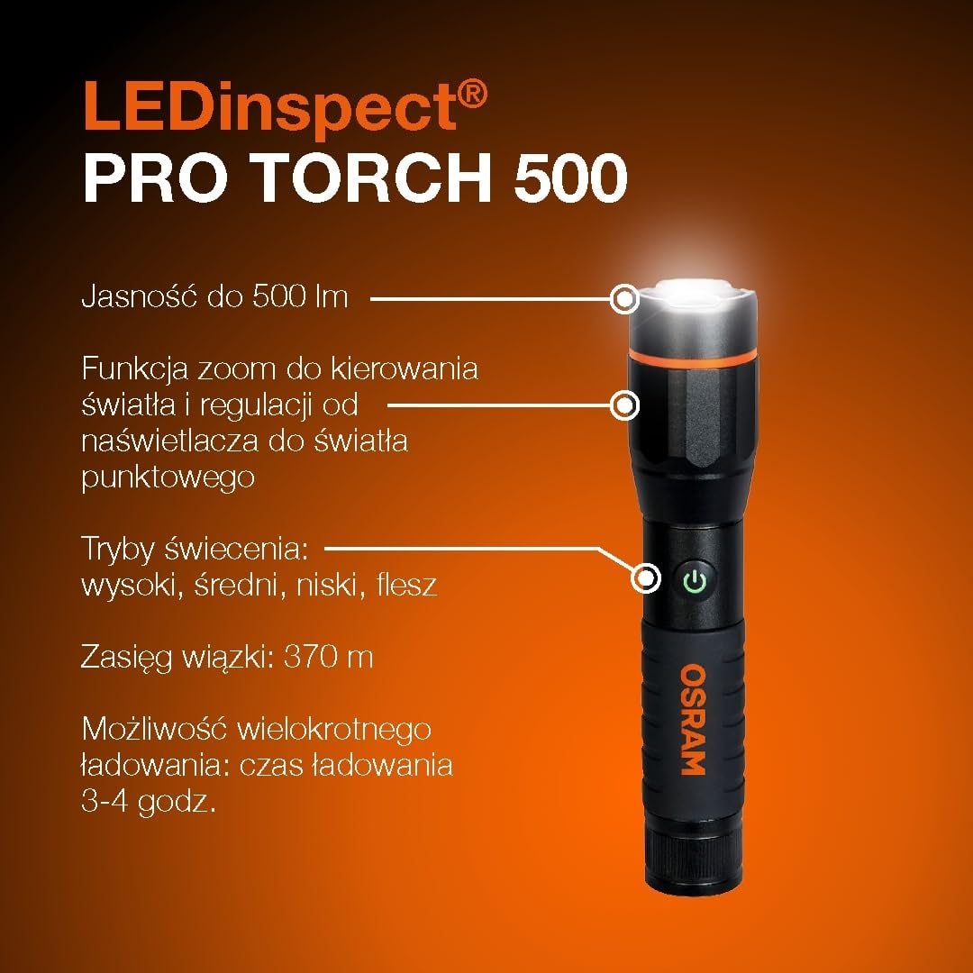 OSRAM LEDinspect PRO TORCH 500, akumulatorowa latarka inspekcyjna LED, funkcja zoom, jasność 500lm, 6000K, 4 tryby światła