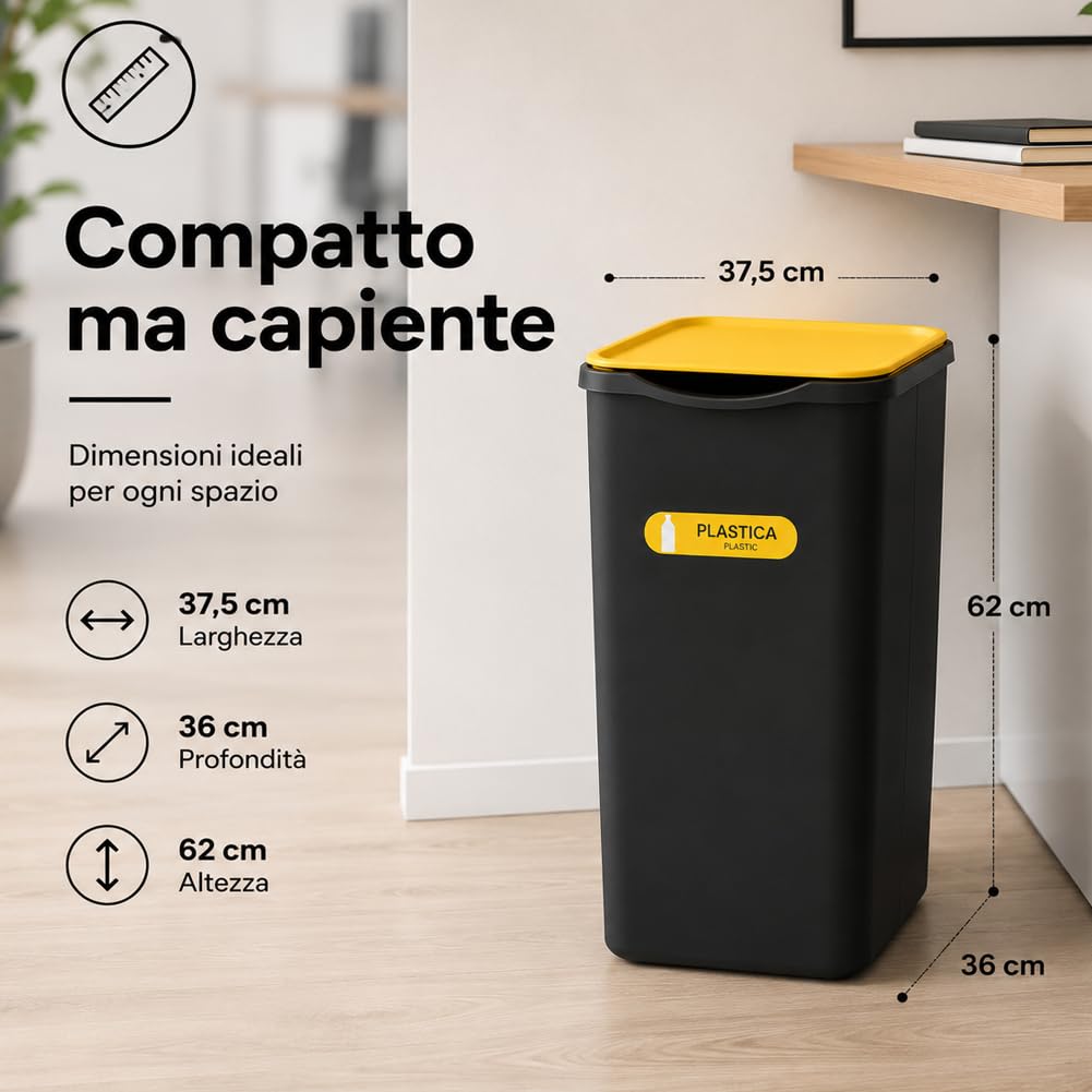 BAKAJI Set 4 Pattumiere per Raccolta Differenziata, Bidoni Spazzatura da 50 Litri con Coperchio Colorato Verde, Blu e Giallo, Contenitori Immondizia da Esterno e Interno, 37.5 x 36 x 62 cm