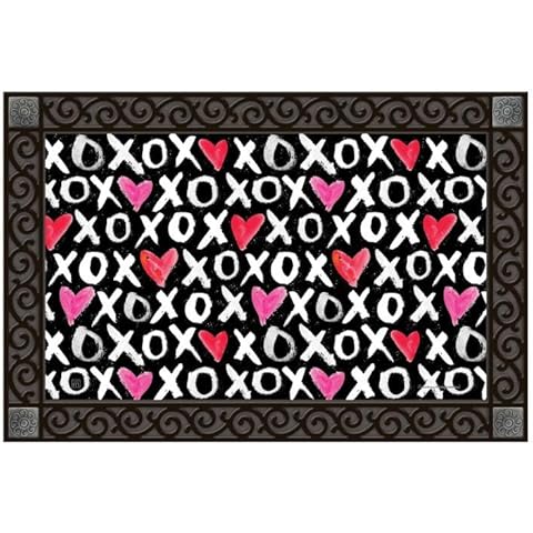 Studio M All Weather Interchangeable Doormat Insert - 30x18 Inch Eco-Friendly Recycled Rubber Backing - Hearts Hugs and Kisses Cover