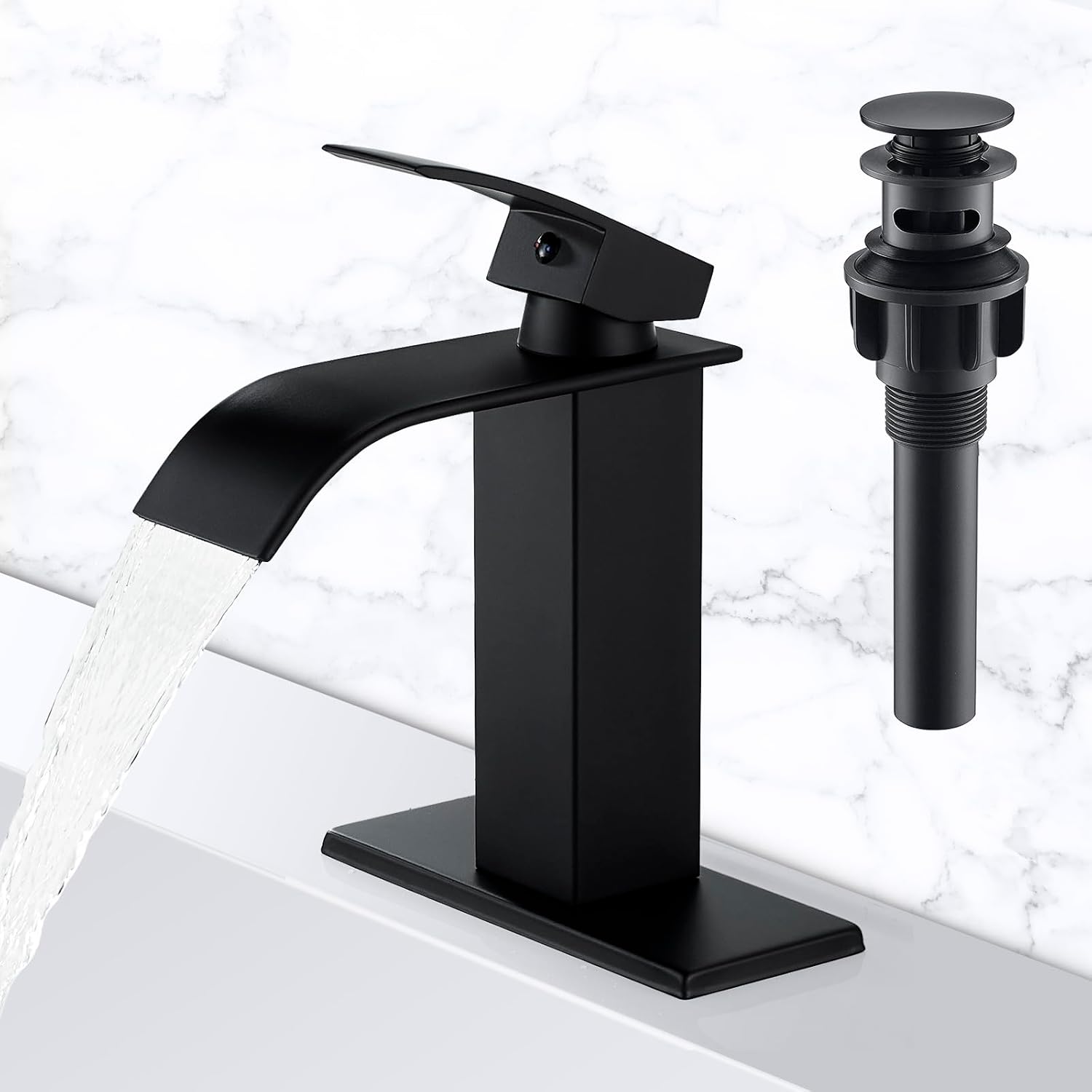 Waterfall Brass Matte Black Bathroom Faucet with Pop Up Drain Single ...