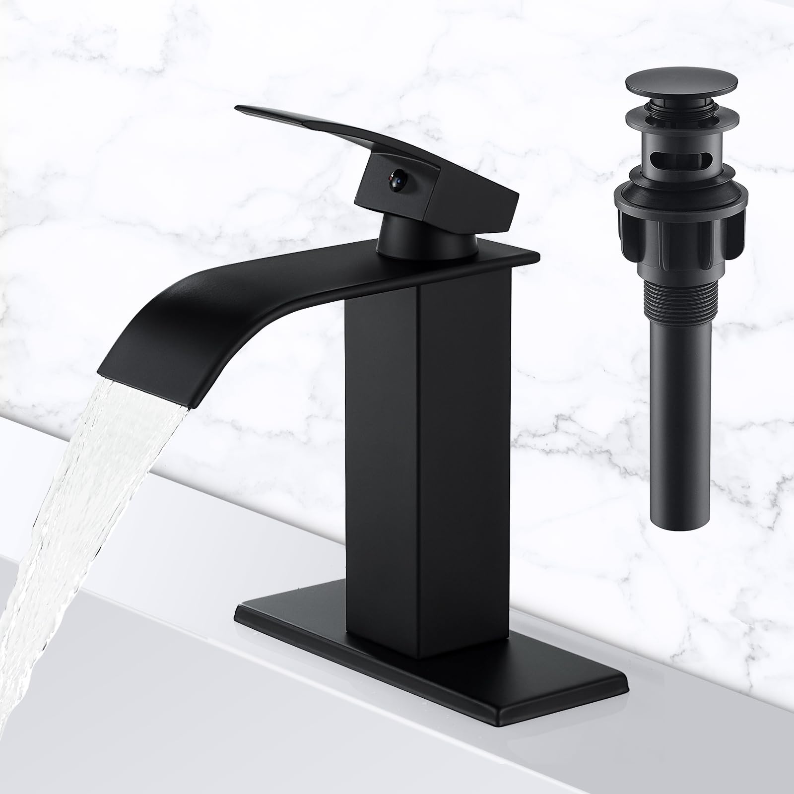 Waterfall Brass Matte Black Bathroom Faucet with Pop Up Drain Single Handle 4 Inch 1 Or 3 Hole Bathroom Sink Faucet Modern RV Lavatory Vanity Faucet with Deck Plate Water Mixer Tap