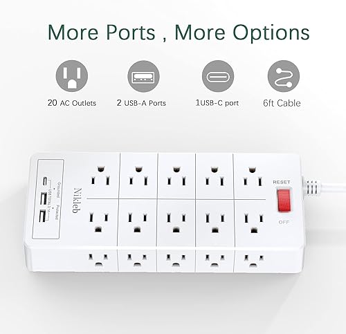 Miniatura 4 de Protector de sobretensiones 23 en 1, cable de extensión de 6 pies con 3 puertos USB inteligente 3.1A, adaptador de salida múltiple 20 tomas,