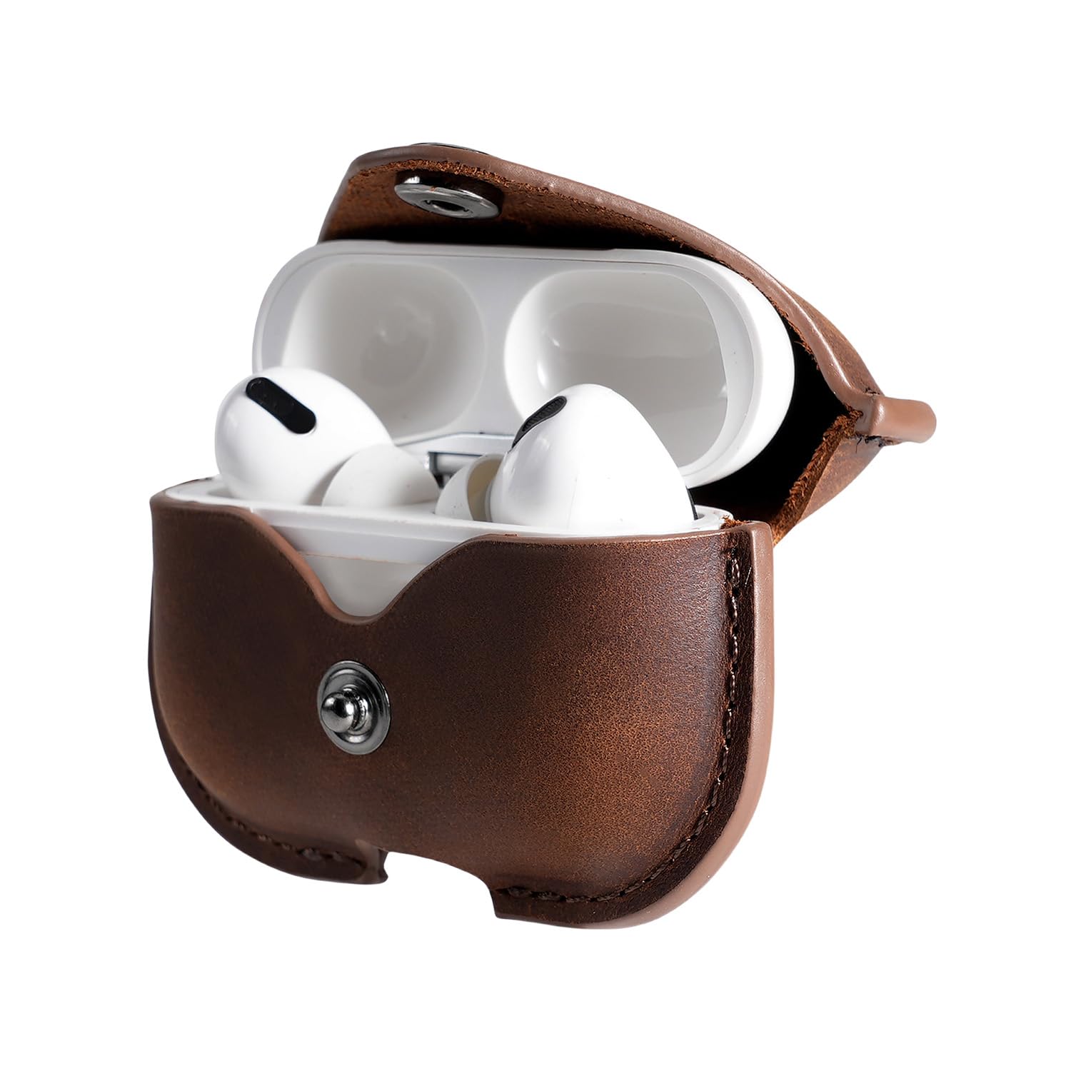 MODOS LOGICOS Charging Case Cover for Apple Air Pods Pro, Crazy Horse Cowhide Leather Case with Secure Snap-Fastener for Apple AirPods Pro 1st (2019) / AirPods Pro 2nd (2022) Charging Case - Brown