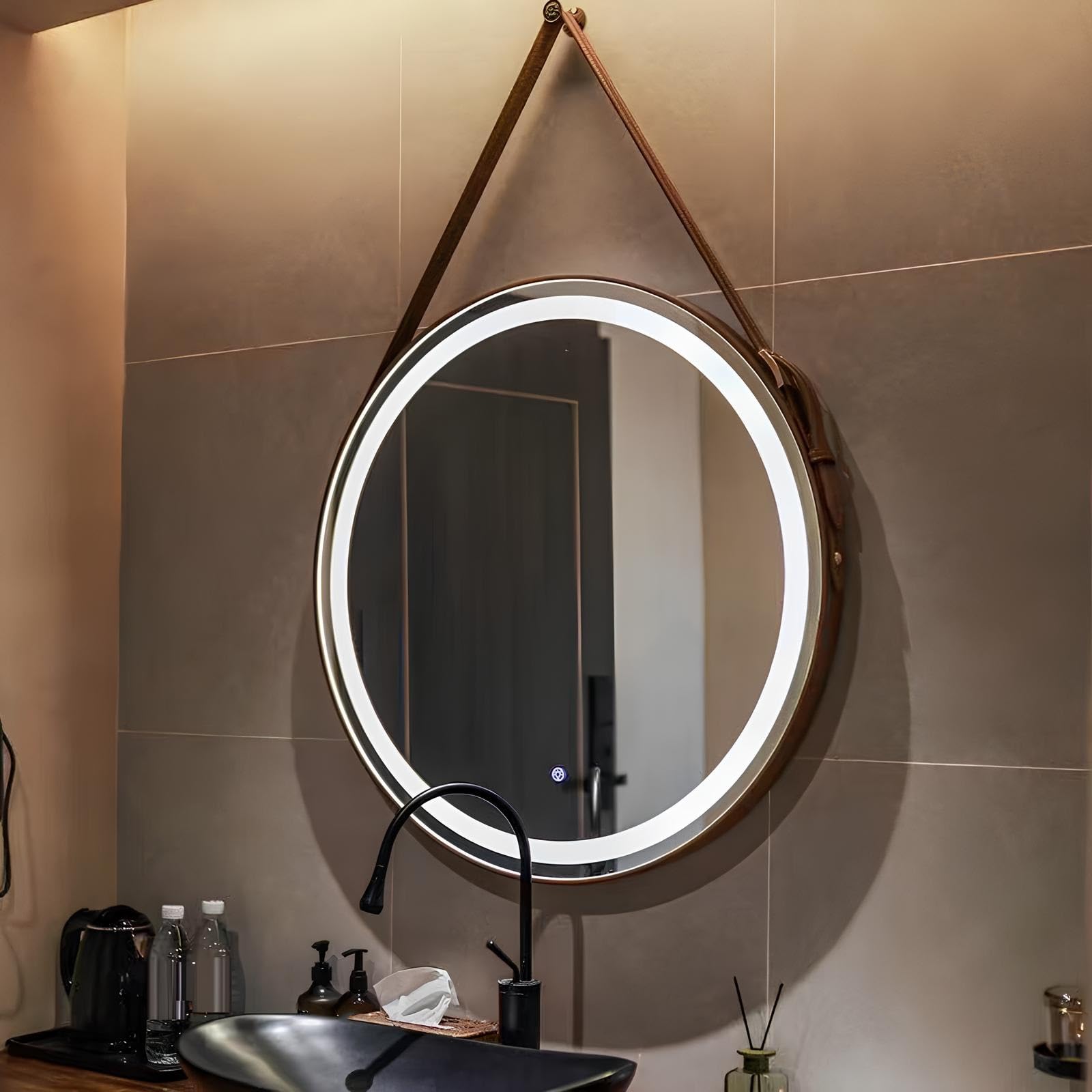 FGXHHS Hanging Wall Circle Mirror Round Backlit Bathroom for Bedroom Living Room(Coffee,70cm/27.6in)