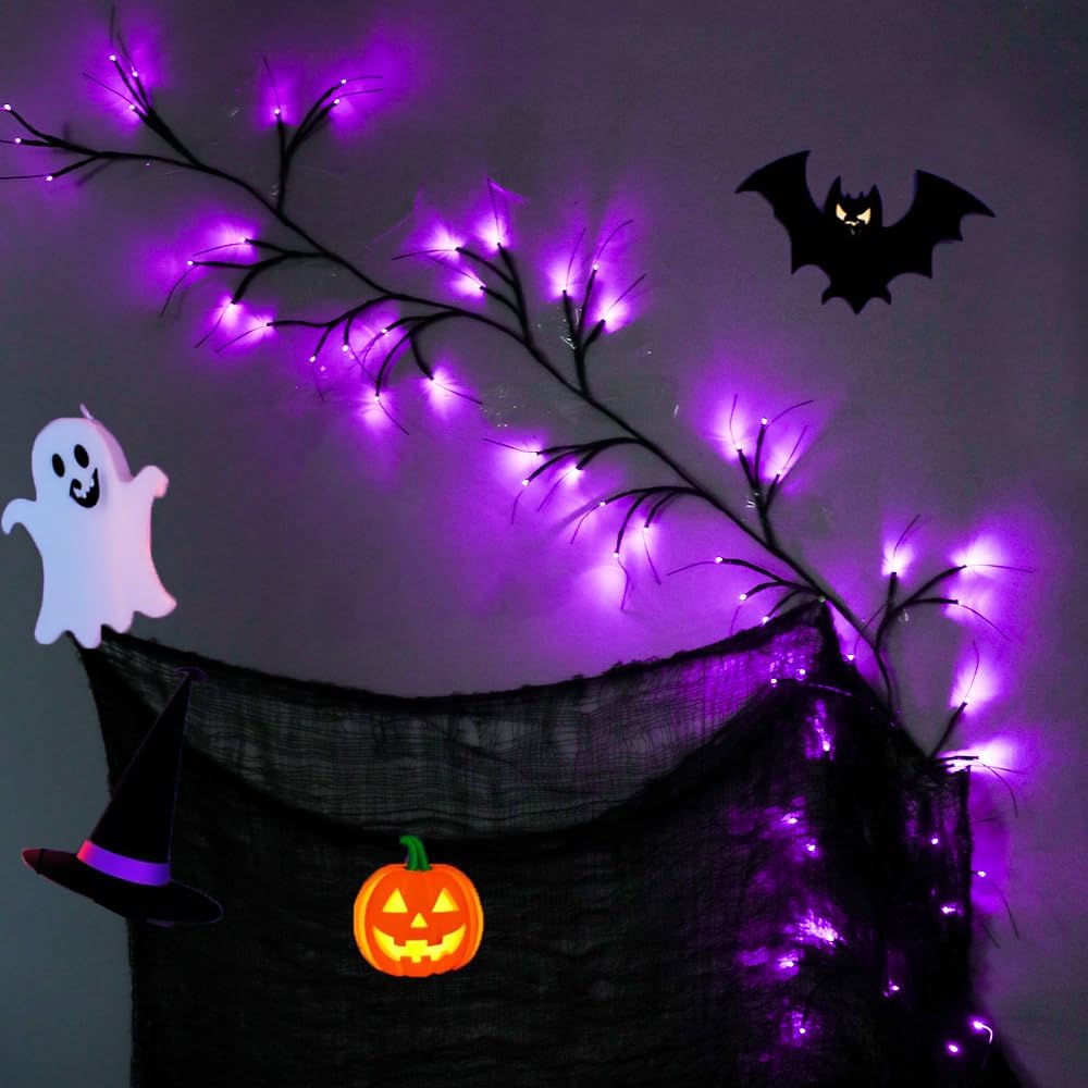 54LED Halloween Willow Vine Twig Purple Lights | 8 Lighting Modes, Battery Operated Garland for Wall Fireplace Mantle Home Décor