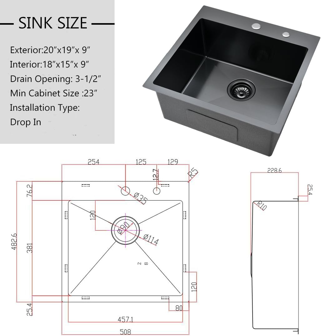 20-inch Drop In Bar Sink Black - VOKIM 20"x 19" Drop In/Topmount Sink Handmade Small Bar Sink 16 Gauge Stainless Steel Single Bowl sink Brushed Nickel, With Dish Grid