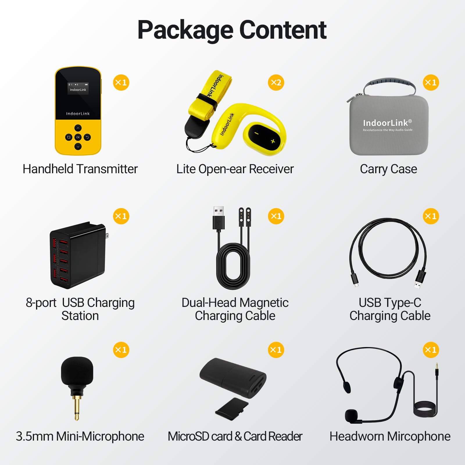 IndoorLink Sistema di guida turistica wireless portatile, altoparlante integrato da 16 mm, durata della batteria 35 ore, cuffie Whisper Tour Guide per tour, musei, mostre, visite scolastiche (1T2R)