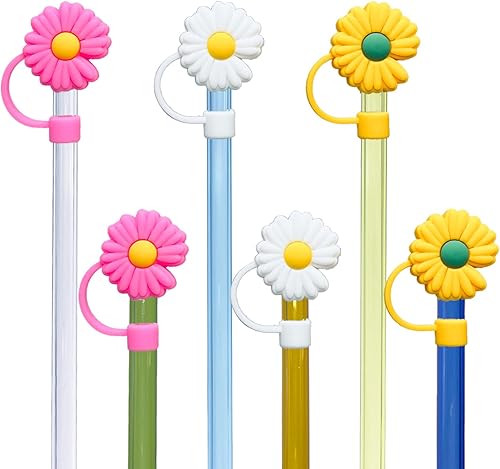 Kleeblatt Tapas de pajitas de margarita, 6 piezas de bonitas puntas de silicona reutilizables, adornos para popotes para vasos, adecuado para