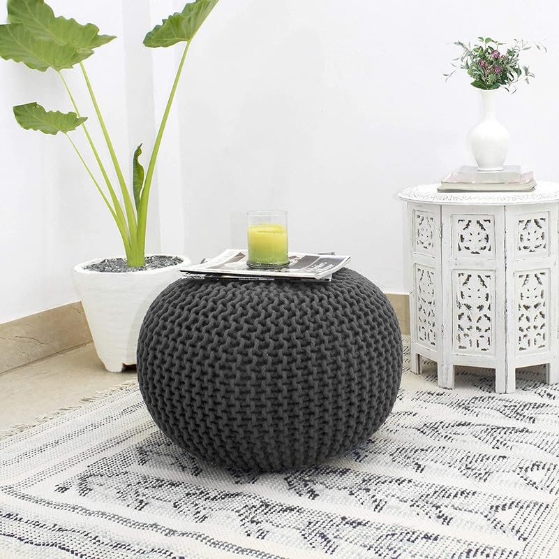 Image of Designs Hand Knitted Cotton Rope Beans Filled Round Oval Pouf Pouffe - Multi Colour - Pack of 01 - Designed for Living Room Sitting, Foot Rest