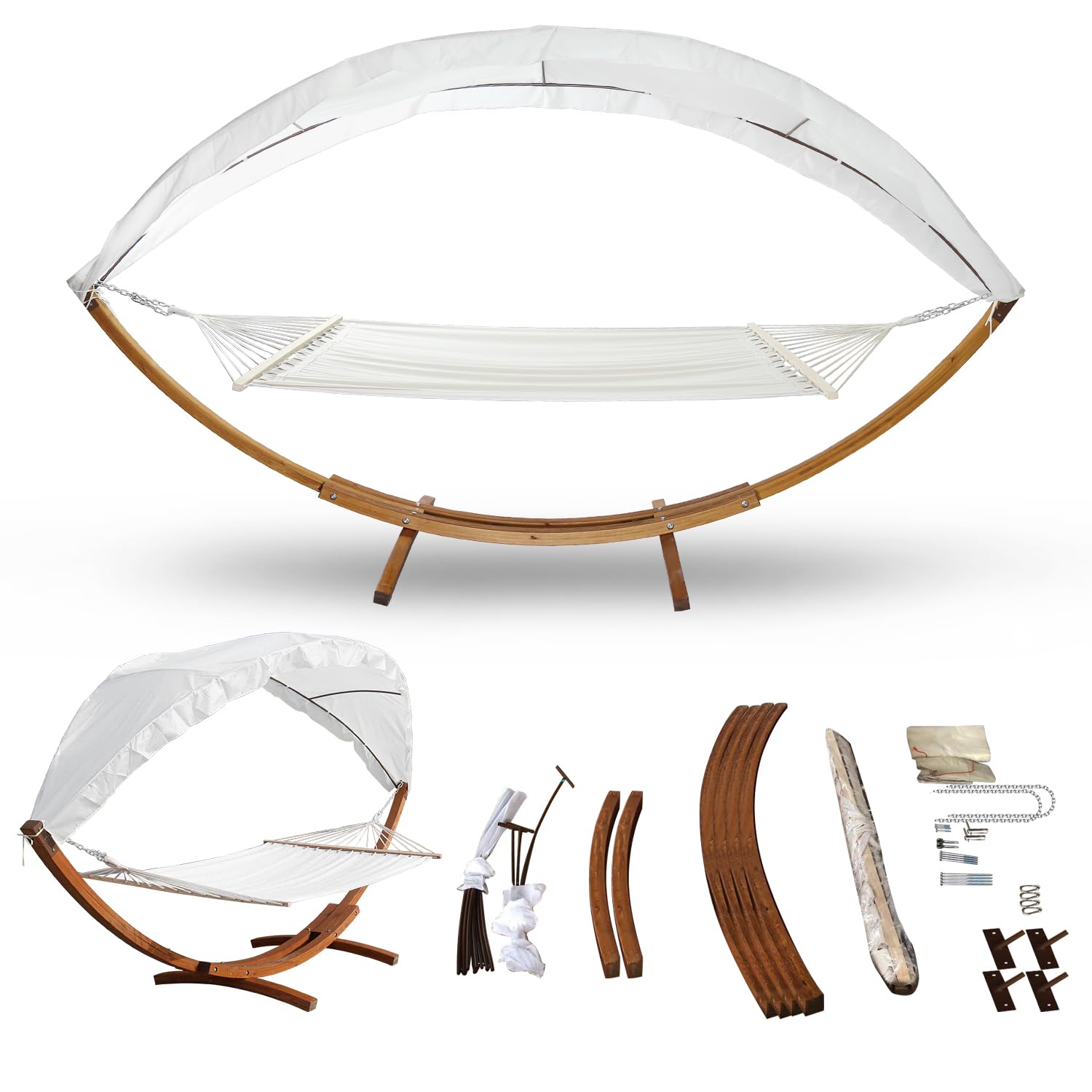 Hängematte mit Gestell und Sonnendach, Hammock aus wetterfestem Lärchenholz, bis 200kg, Stabhängematte für 2 Personen Outdoor und Indoor
